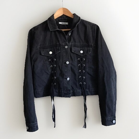 Refuge Lace Up Front Black Denim Jean Jacket Size Large - Picture 2 of 7